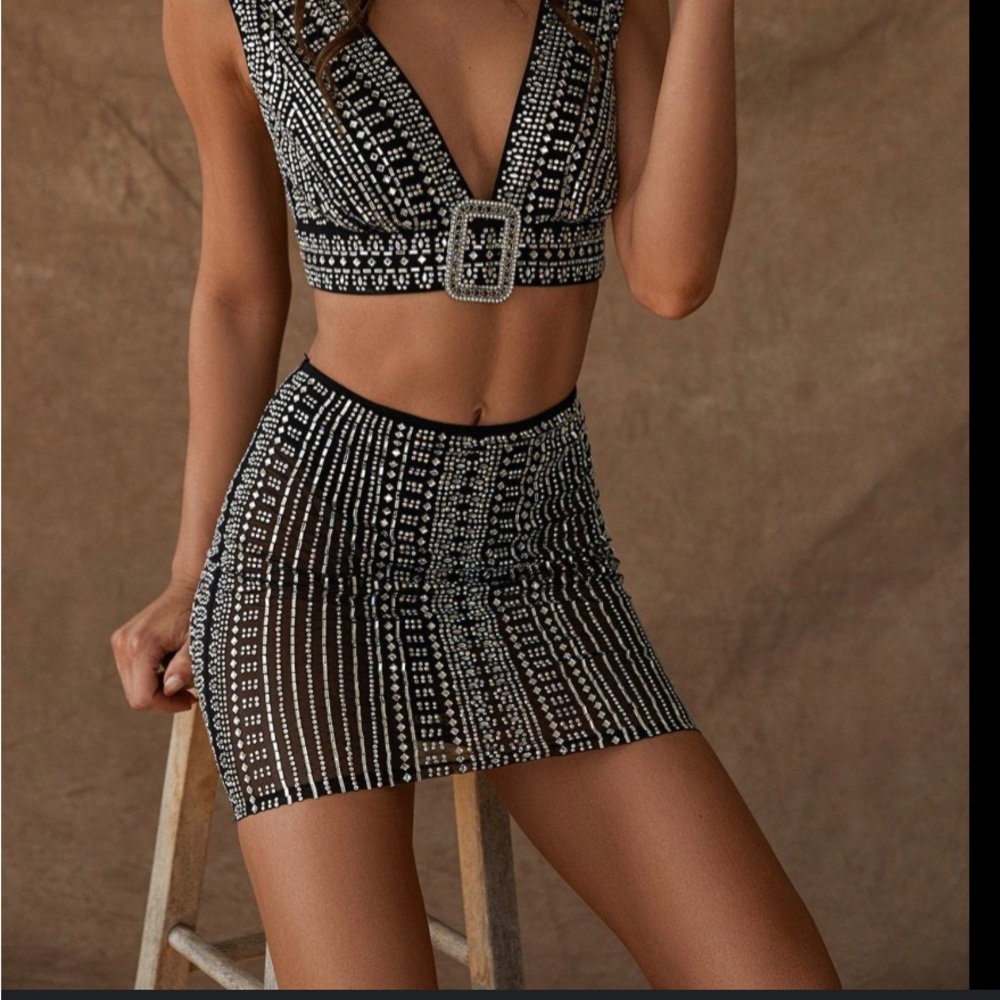 Violet Black Rhinestone Mesh Mini Skirt NEW